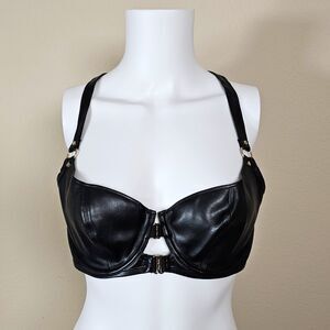 Honey Birdette Jael Black Faux Leather Front Closure Underwire Bra Size 36DD